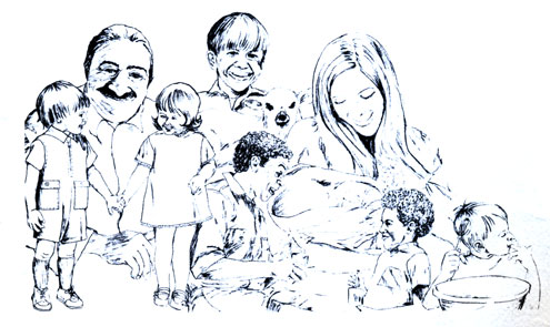happy sketch of Baba with many children